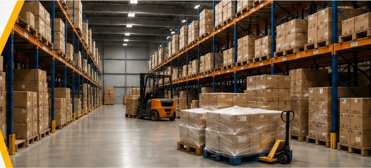 Wholesale warehouse with palletized inventory and shelving